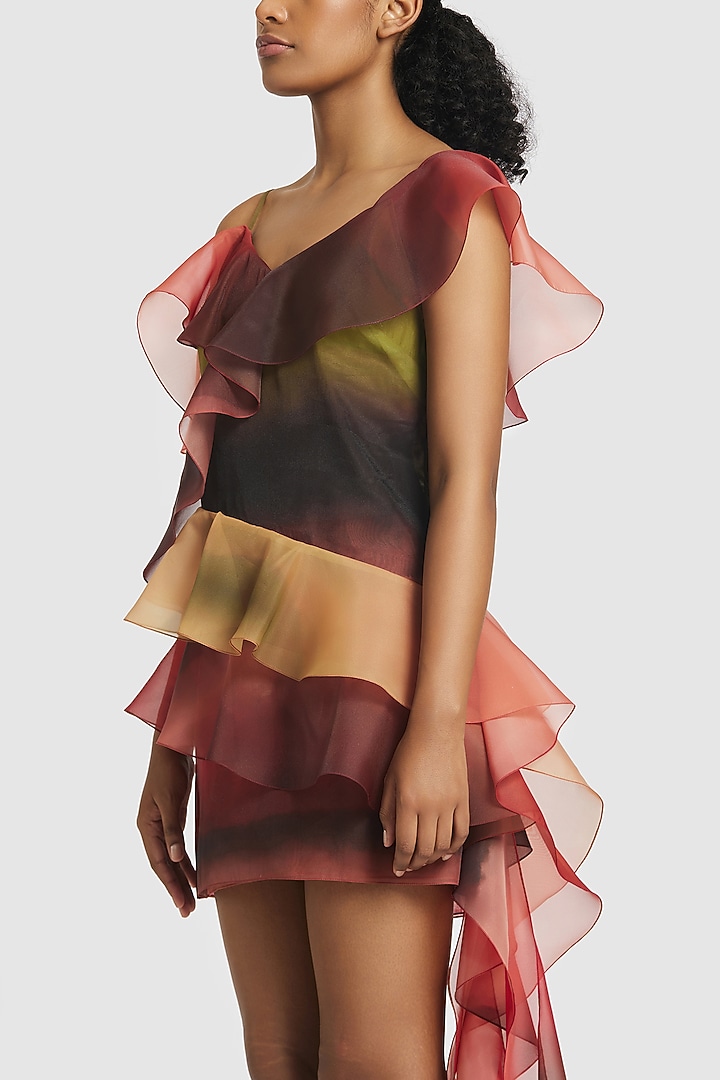 Red & Green Organza Ruffled Shift Mini Cocktail Dress by Gauri and Nainika at Pernia's Pop Up Shop