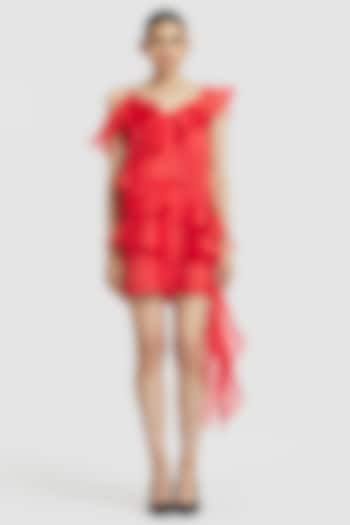 Coral Pure Organza Ruffled Shift Mini Dress by Gauri and Nainika at Pernia's Pop Up Shop