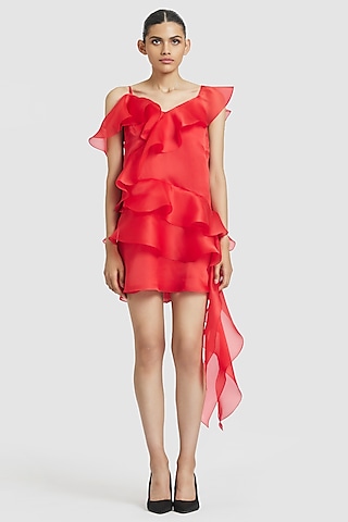 Coral Pure Organza Ruffled Shift Mini Dress by Gauri and Nainika