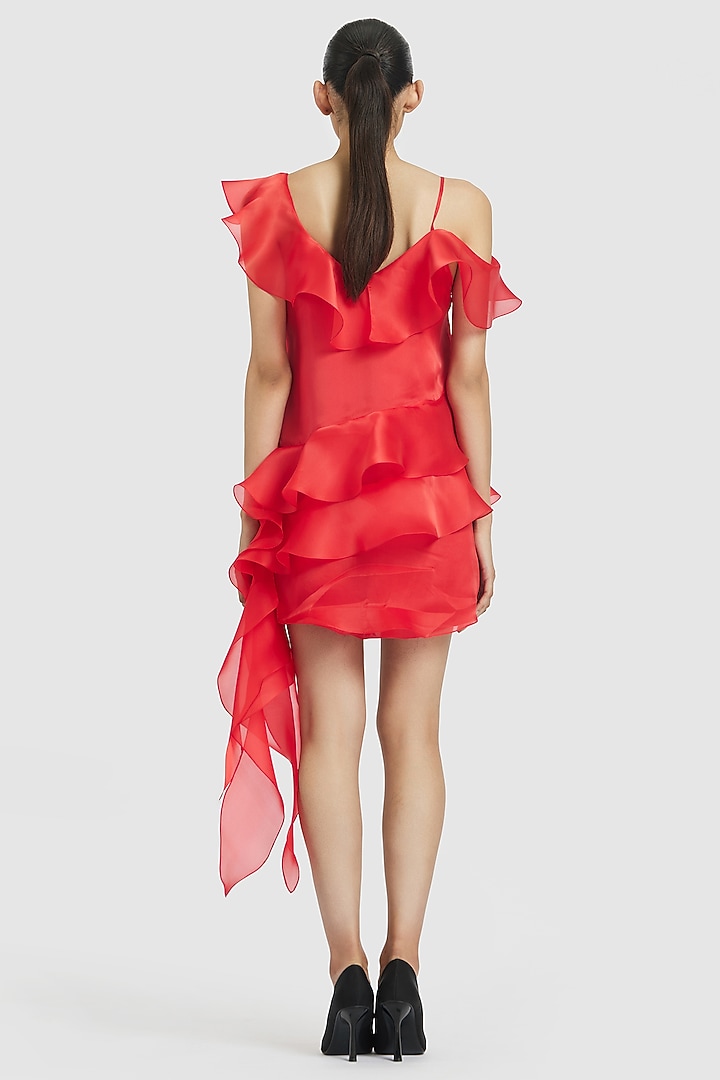 Coral Pure Organza Ruffled Shift Mini Cocktail Dress by Gauri and Nainika at Pernia's Pop Up Shop