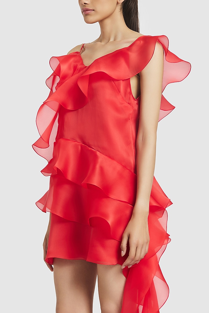 Coral Pure Organza Ruffled Shift Mini Cocktail Dress by Gauri and Nainika at Pernia's Pop Up Shop