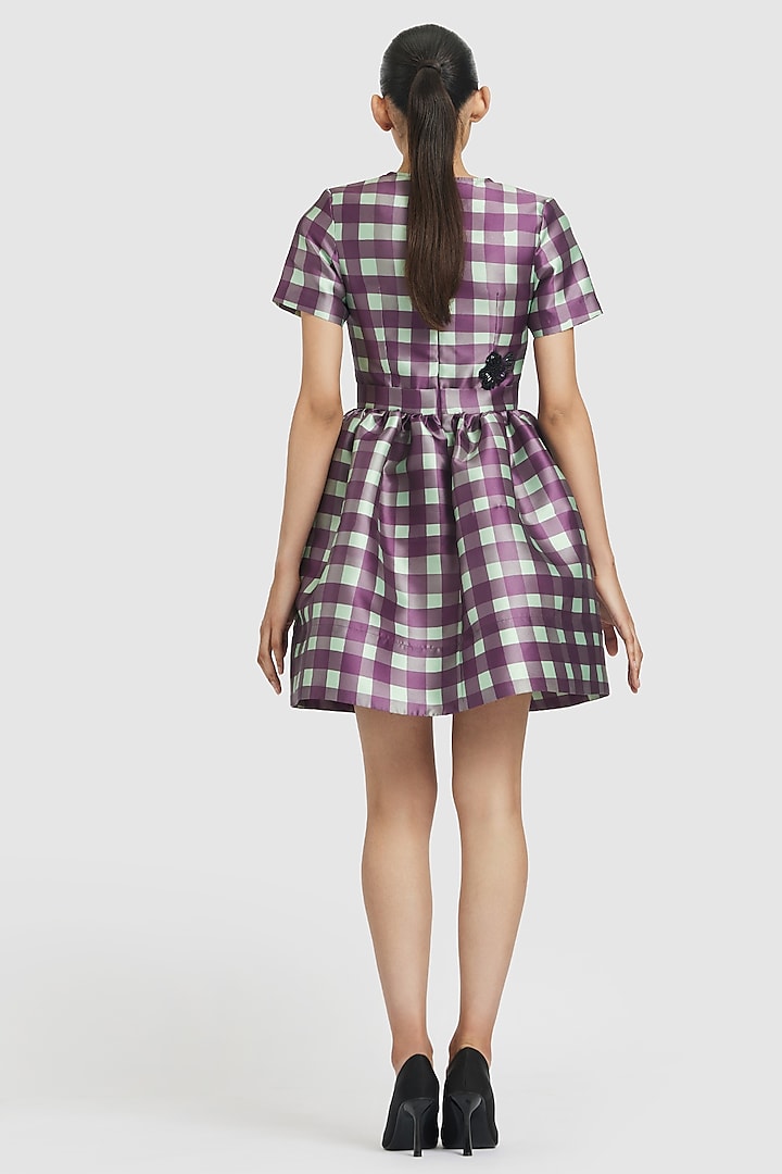 Purple & Green Mikado Hand Embroidered Mini Party Wear Dress by Gauri and Nainika at Pernia's Pop Up Shop