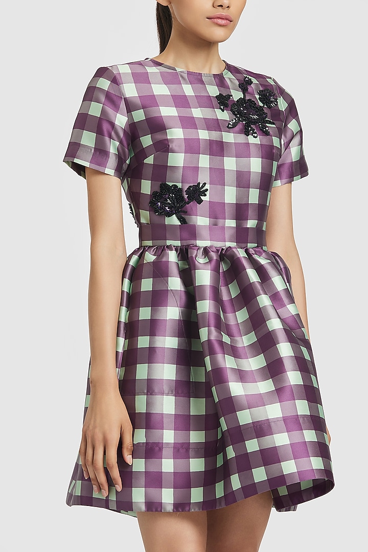 Purple & Green Mikado Hand Embroidered Mini Party Wear Dress by Gauri and Nainika at Pernia's Pop Up Shop