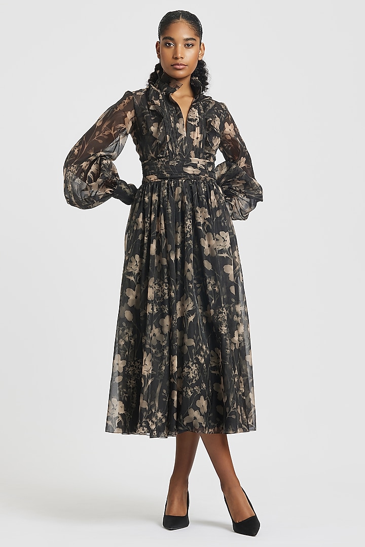 Black Bemberg Crinkle Chiffon Printed Shirt Midi Dress by Gauri and Nainika at Pernia's Pop Up Shop