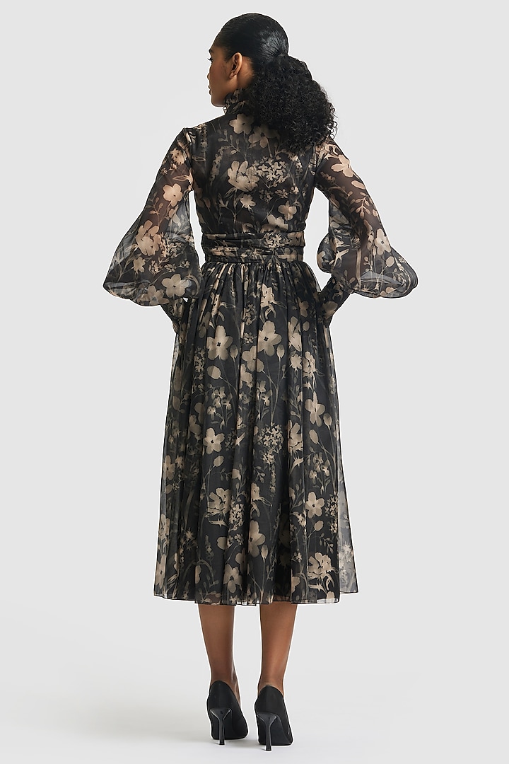 Black Bemberg Crinkle Chiffon Printed Shirt Midi Party Wear Dress by Gauri and Nainika at Pernia's Pop Up Shop