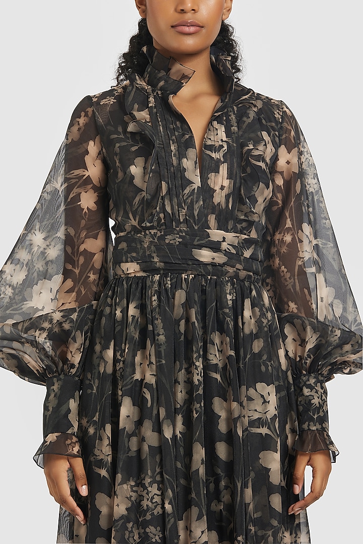 Black Bemberg Crinkle Chiffon Printed Shirt Midi Party Wear Dress by Gauri and Nainika at Pernia's Pop Up Shop