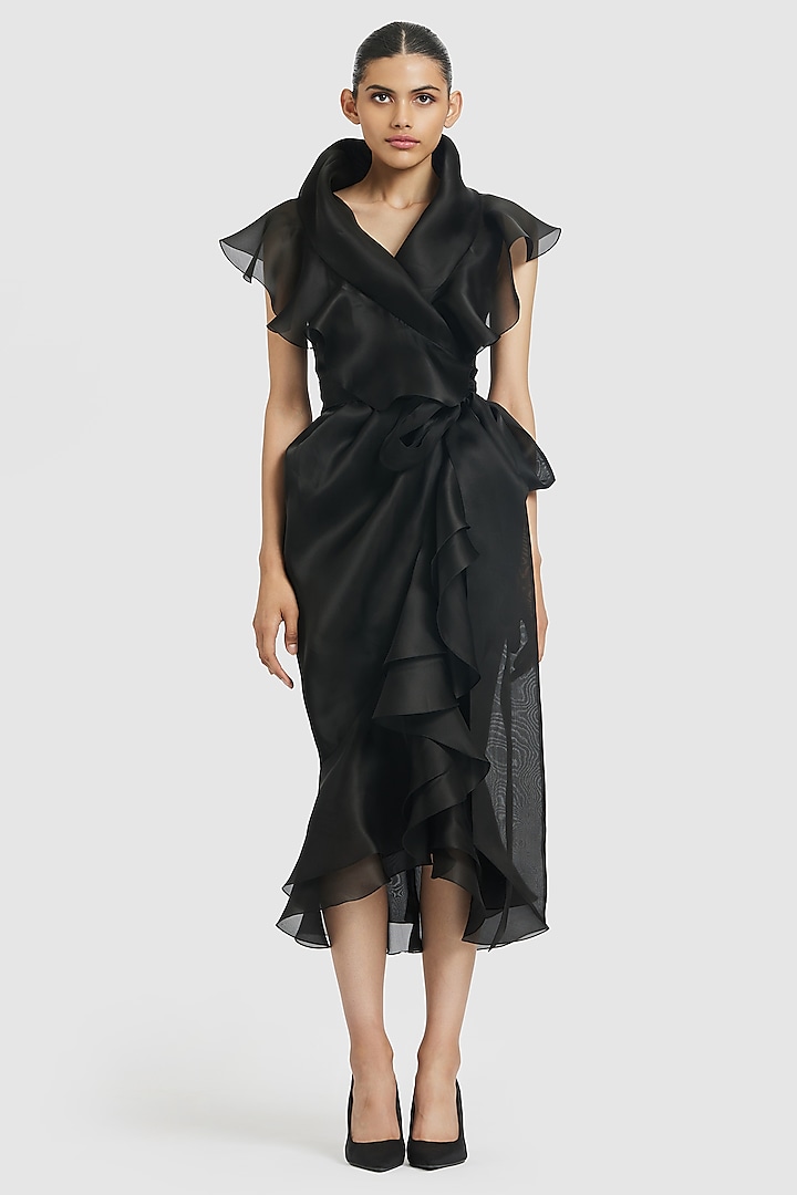 Black Organza Ruffled Wrap Midi Dress by Gauri and Nainika at Pernia's Pop Up Shop