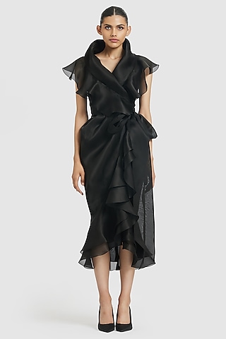 Black Organza Ruffled Wrap Midi Dress by Gauri and Nainika