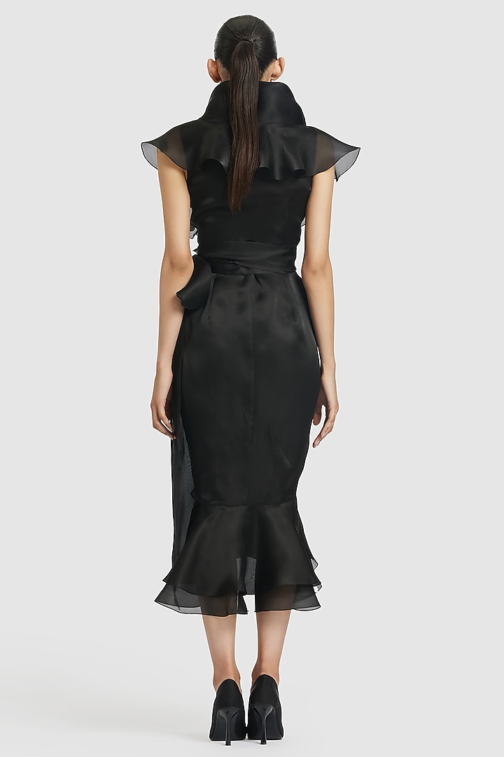 Black Organza Ruffled Wrap Midi Party Wear Dress by Gauri and Nainika at Pernia's Pop Up Shop
