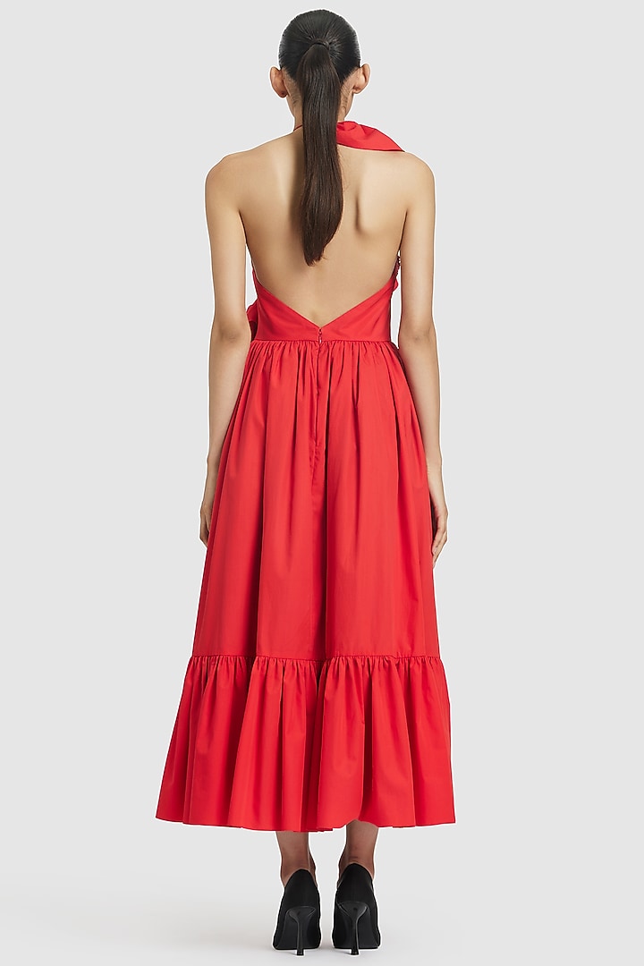 Red Cotton Hand Embroidered Ruffled Midi Party Wear Dress by Gauri And Nainika at Pernia's Pop Up Shop