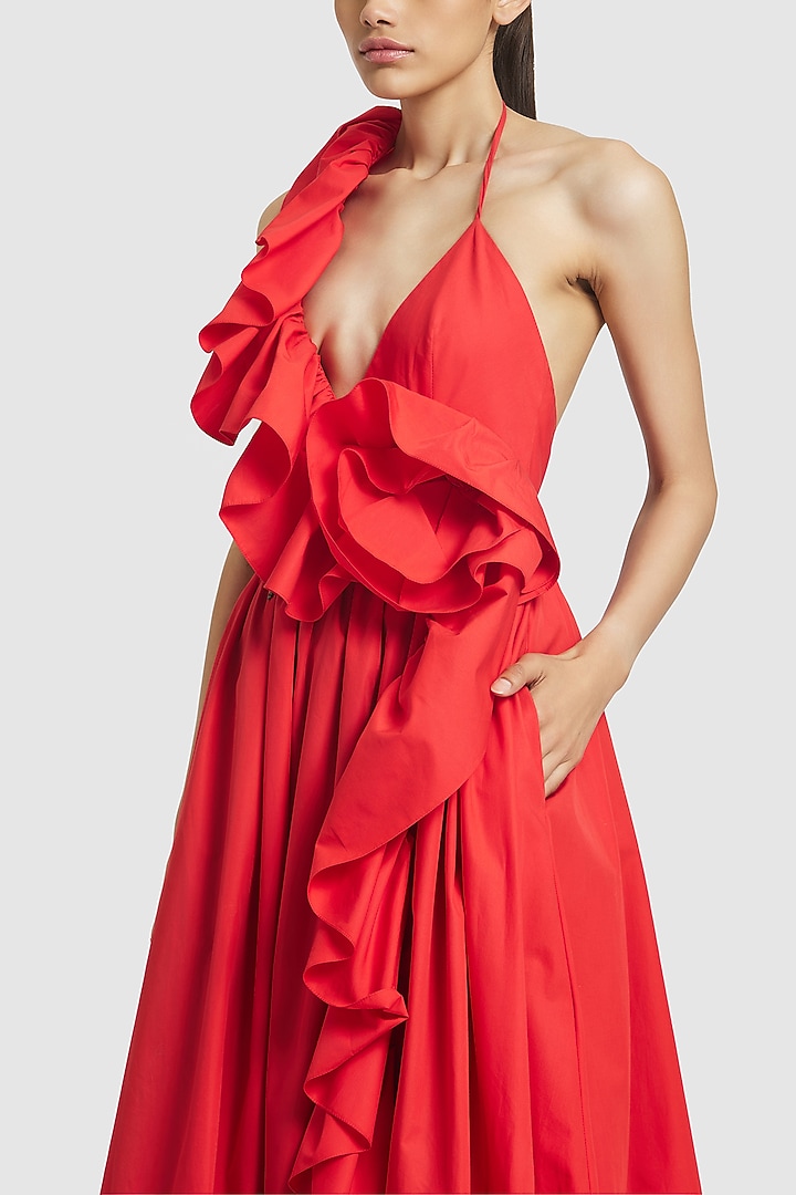 Red Cotton Hand Embroidered Ruffled Midi Party Wear Dress by Gauri And Nainika at Pernia's Pop Up Shop