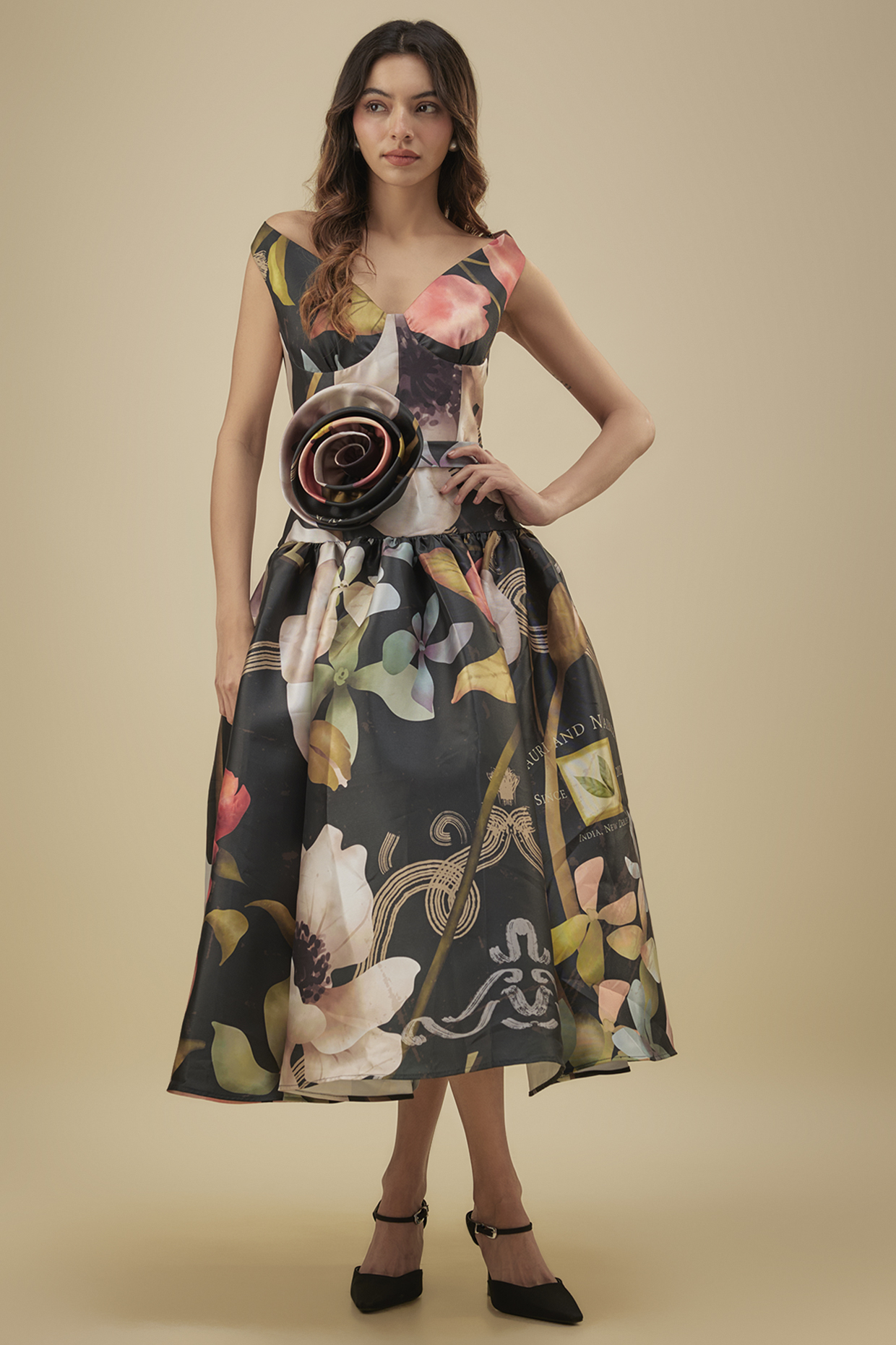 Black Mikado Fabric Floral Printed Midi Dress by Gauri And Nainika at Pernia's Pop Up Shop
