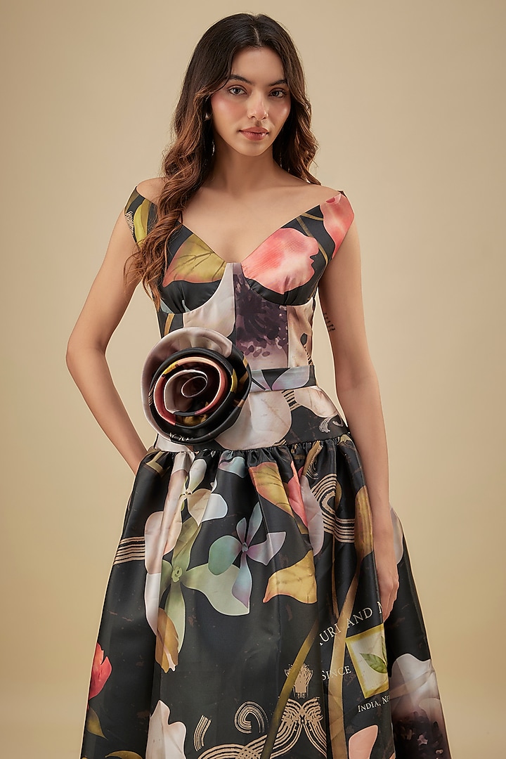 Black Mikado Fabric Floral Printed Midi Party Wear Dress by Gauri And Nainika at Pernia's Pop Up Shop