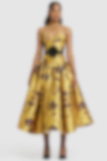 Mustard Mikado Printed Corset Midi Dress by Gauri And Nainika at Pernia's Pop Up Shop