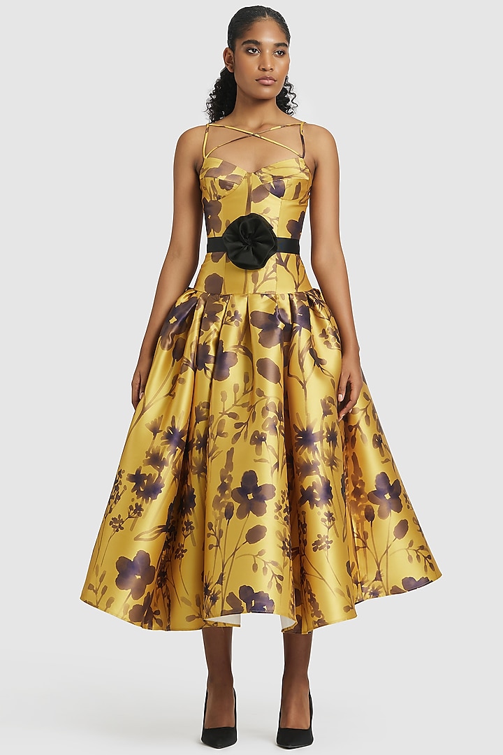 Mustard Mikado Printed Corset Midi Dress by Gauri And Nainika at Pernia's Pop Up Shop