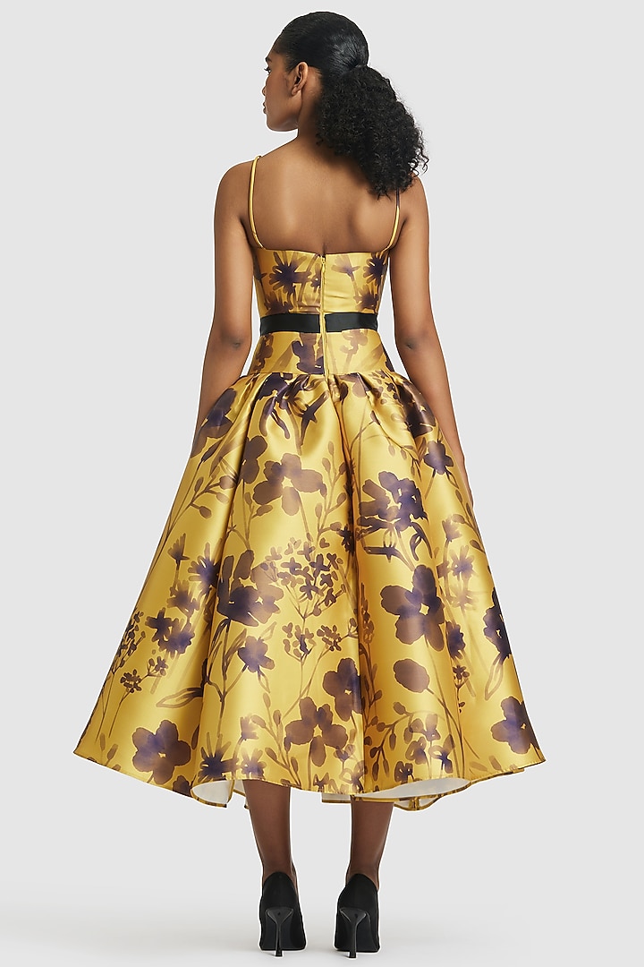 Mustard Mikado Printed Corset Midi Party Wear Dress by Gauri And Nainika at Pernia's Pop Up Shop