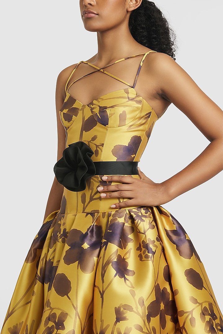 Mustard Mikado Printed Corset Midi Party Wear Dress by Gauri And Nainika at Pernia's Pop Up Shop