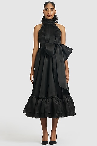 Black Pure Organza Midi Dress With Belt by Gauri And Nainika