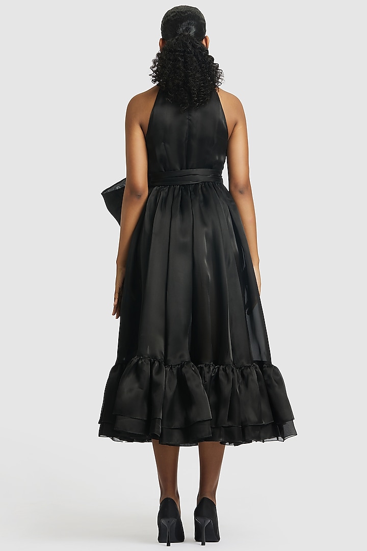 Black Pure Organza Midi Party Wear Dress With Belt by Gauri And Nainika at Pernia's Pop Up Shop