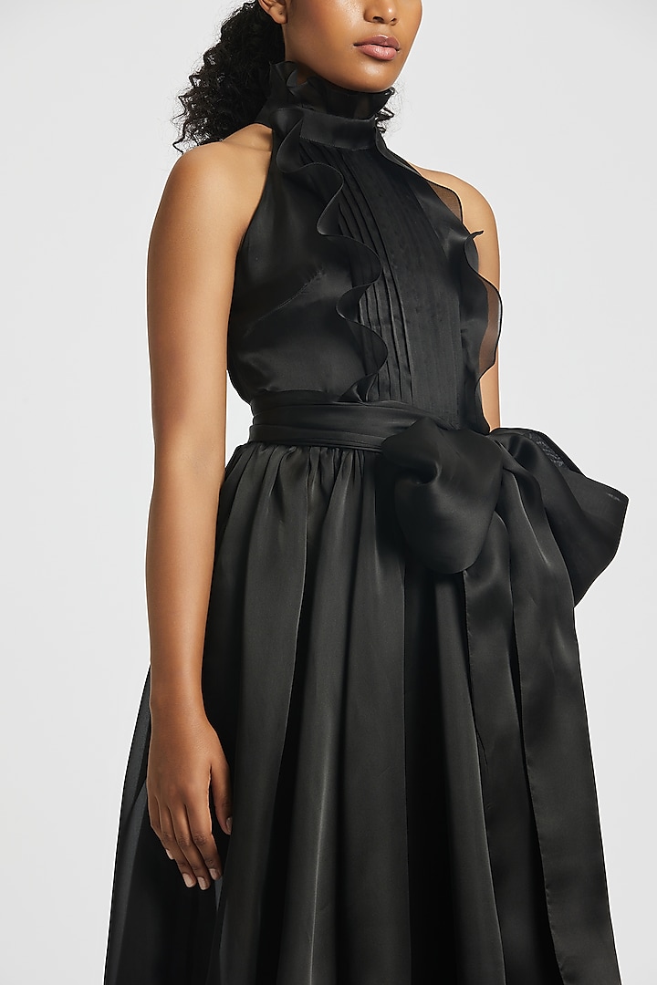 Black Pure Organza Midi Party Wear Dress With Belt by Gauri And Nainika at Pernia's Pop Up Shop