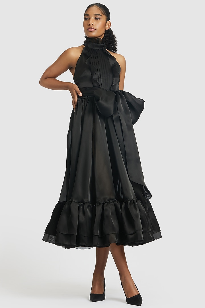 Black Pure Organza Midi Party Wear Dress With Belt by Gauri And Nainika at Pernia's Pop Up Shop