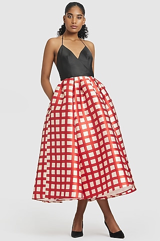 Red & White Mikado Midi Dress by Gauri And Nainika