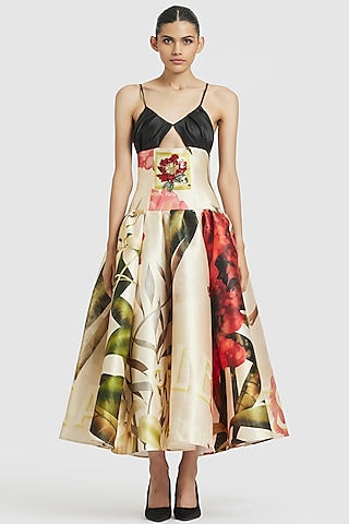 Ivory Mikado Embroidered Midi Dress by Gauri And Nainika