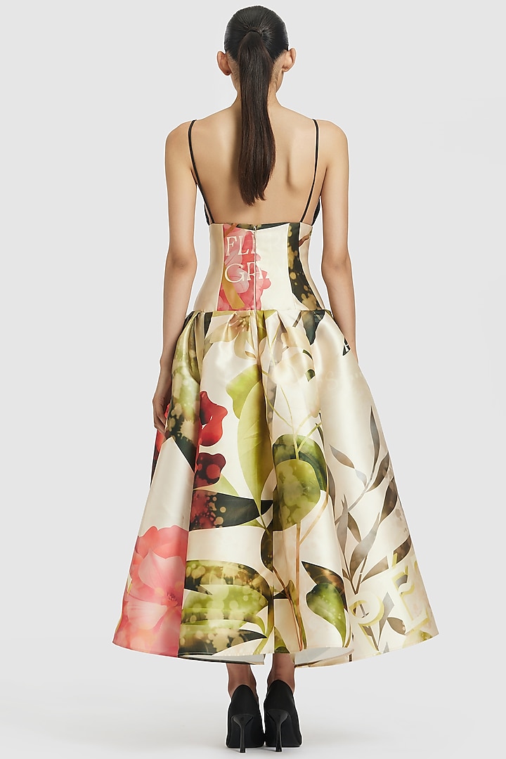 Ivory Mikado Embroidered Midi Party Wear Dress by Gauri And Nainika at Pernia's Pop Up Shop