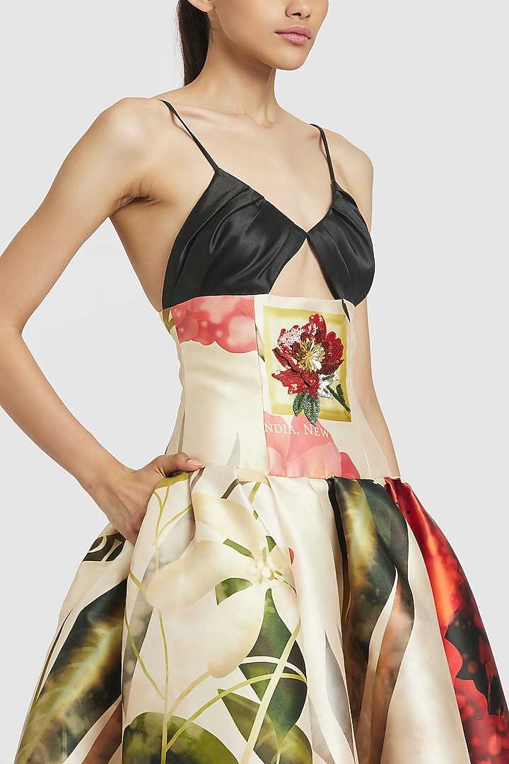 Ivory Mikado Embroidered Midi Party Wear Dress by Gauri And Nainika at Pernia's Pop Up Shop