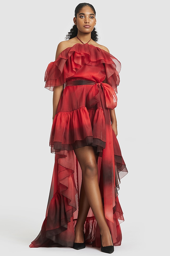 Red Organza High-Low Dress by Gauri And Nainika at Pernia's Pop Up Shop