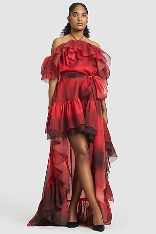 Red Organza High-Low Dress by Gauri And Nainika
