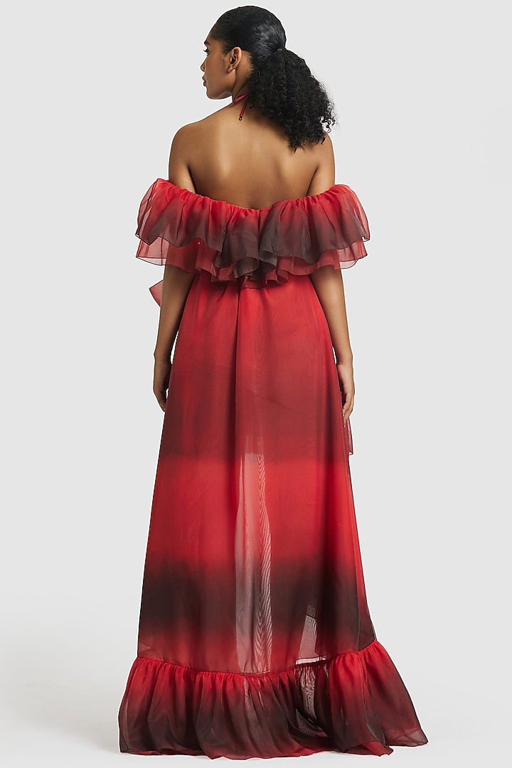 Red Organza High-Low Party Wear Dress by Gauri And Nainika at Pernia's Pop Up Shop