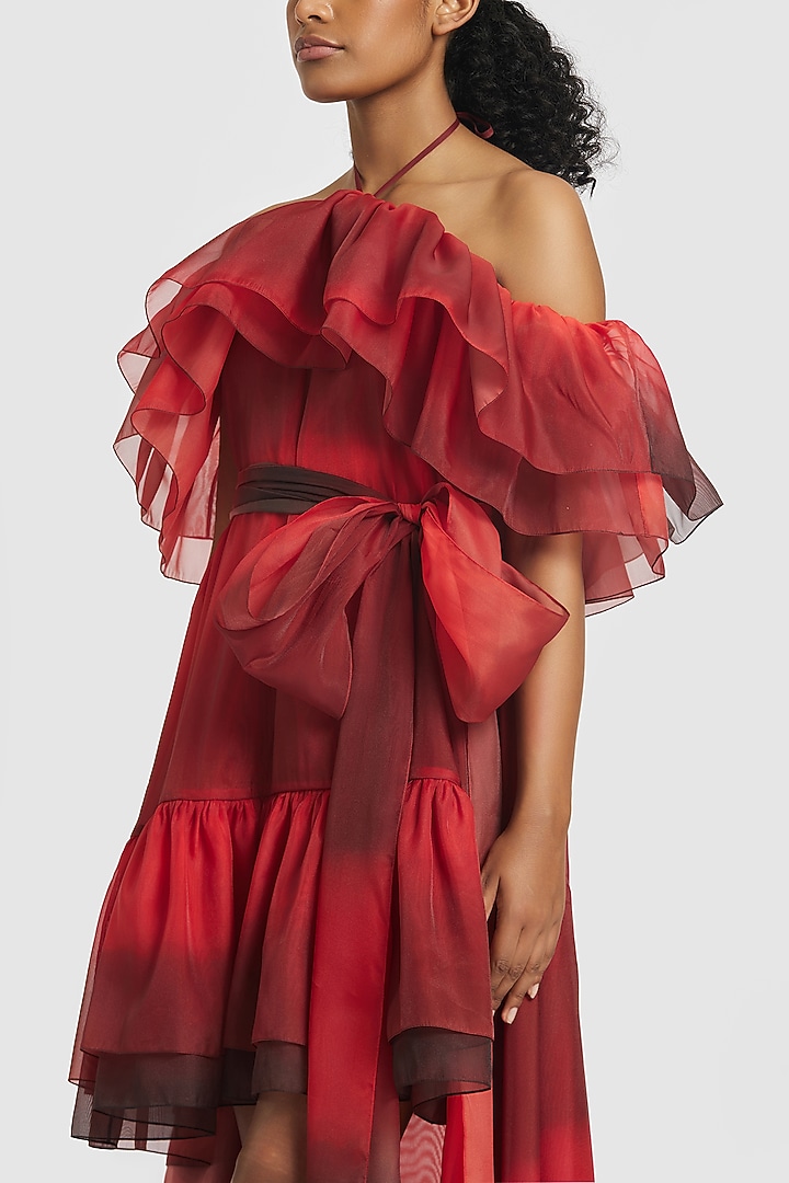 Red Organza High-Low Party Wear Dress by Gauri And Nainika at Pernia's Pop Up Shop