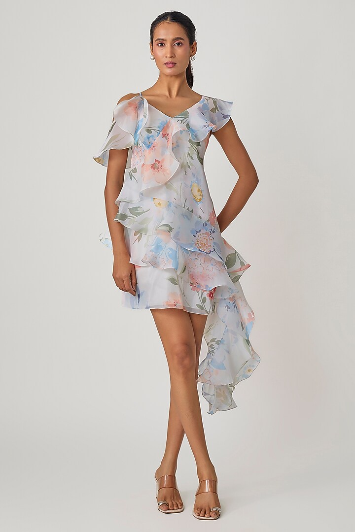 White Organza Floral Printed Ruffled Shift Cocktail Dress by Gauri and Nainika at Pernia's Pop Up Shop