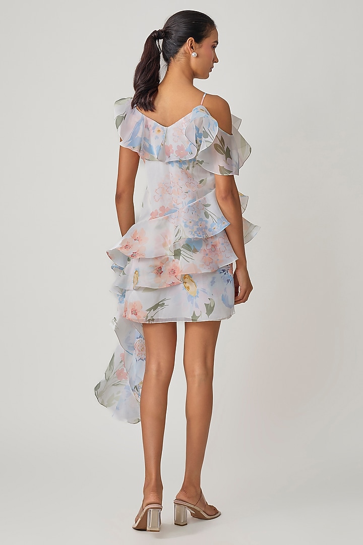 White Organza Floral Printed Ruffled Shift Cocktail Dress by Gauri and Nainika at Pernia's Pop Up Shop