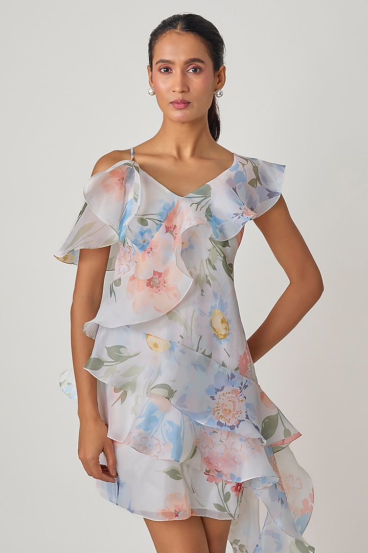 White Organza Floral Printed Ruffled Shift Cocktail Dress by Gauri and Nainika at Pernia's Pop Up Shop