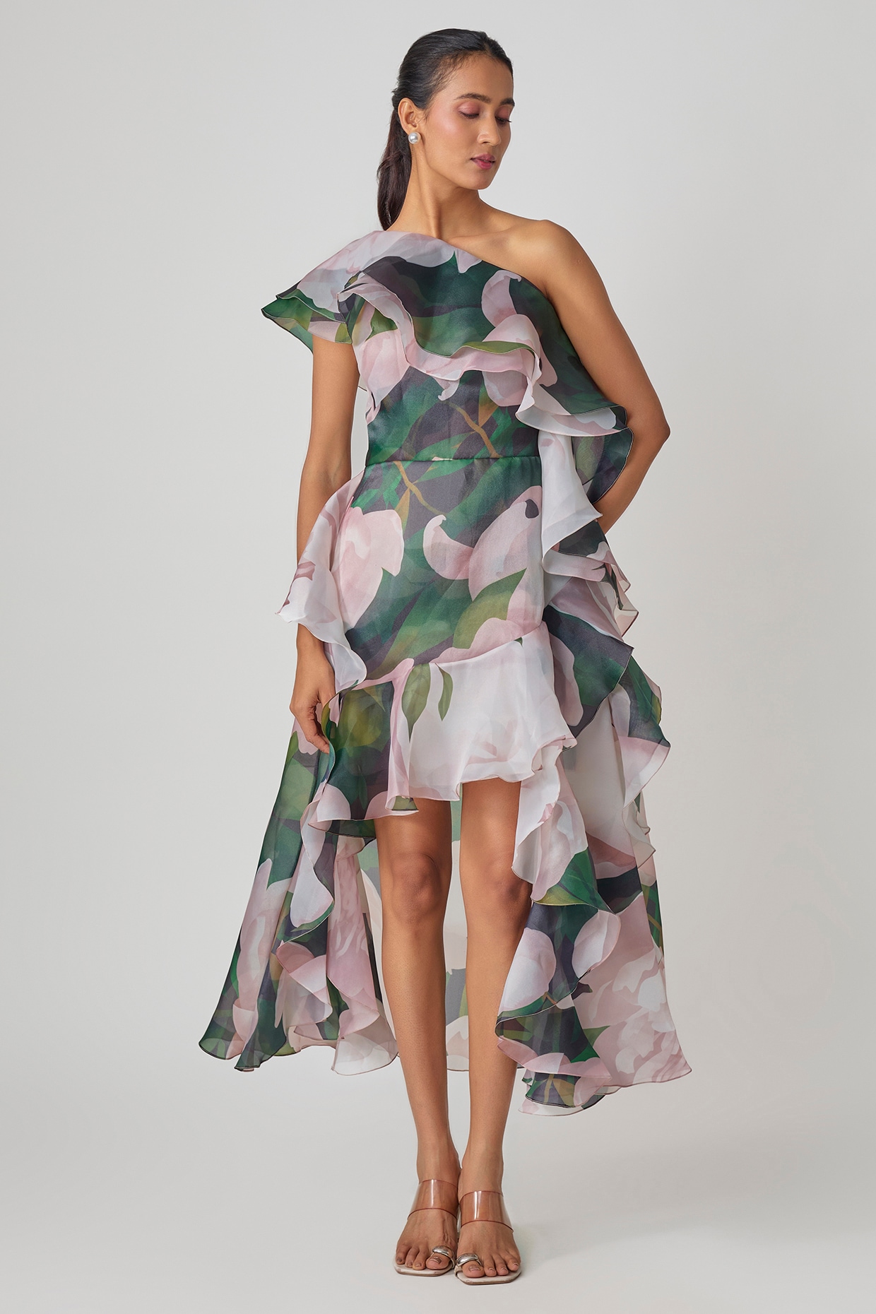 Gauri and Nainika Green Organza Floral Printed One-Shoulder Ruffled Dress