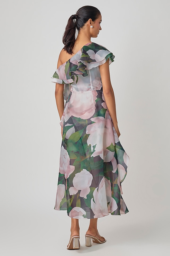 Green Organza Floral Printed One-Shoulder Ruffled Party Wear Dress by Gauri and Nainika at Pernia's Pop Up Shop