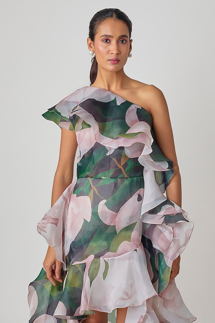 Green Organza Floral Printed One-Shoulder Ruffled Party Wear Dress by Gauri and Nainika at Pernia's Pop Up Shop