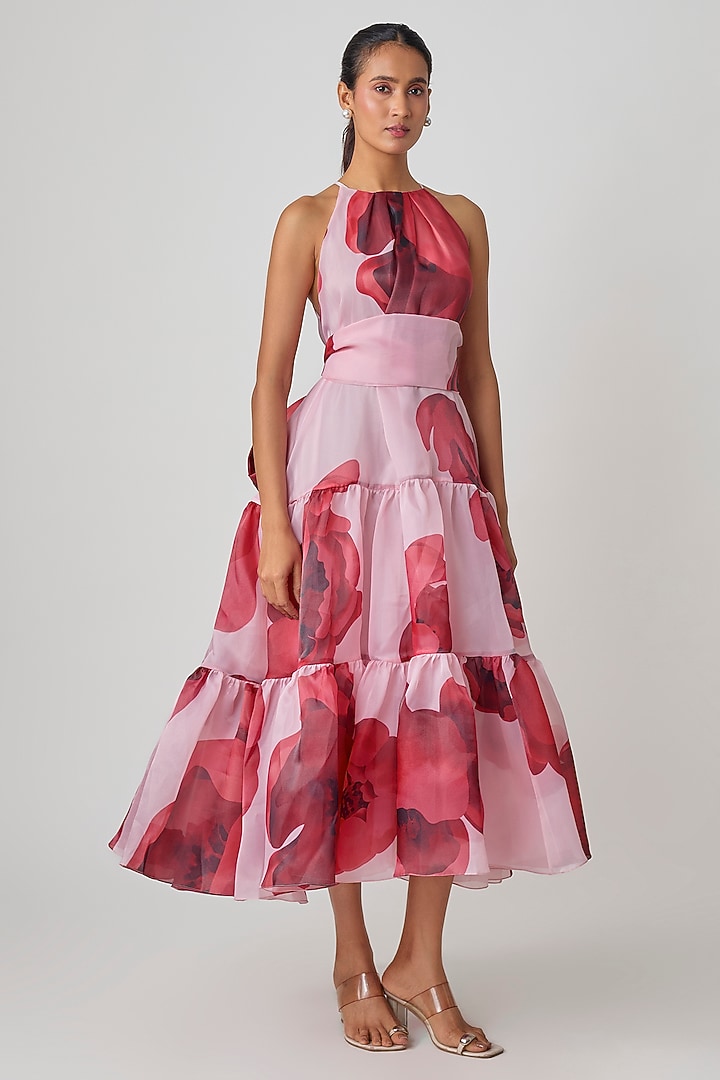 Pink Organza Floral Printed Trapeze Halter Party Wear Dress by Gauri and Nainika at Pernia's Pop Up Shop