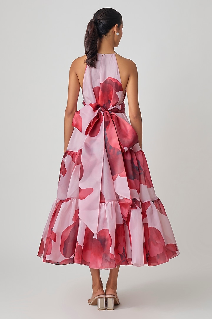 Pink Organza Floral Printed Trapeze Halter Party Wear Dress by Gauri and Nainika at Pernia's Pop Up Shop