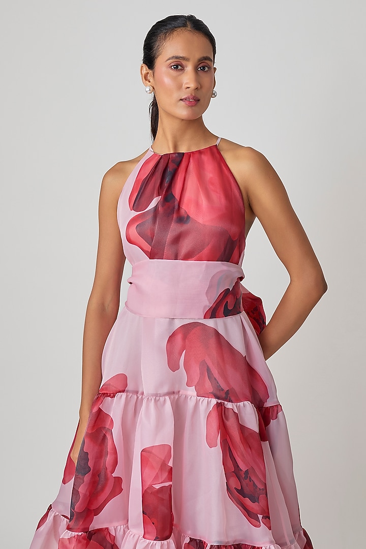 Pink Organza Floral Printed Trapeze Halter Party Wear Dress by Gauri and Nainika at Pernia's Pop Up Shop