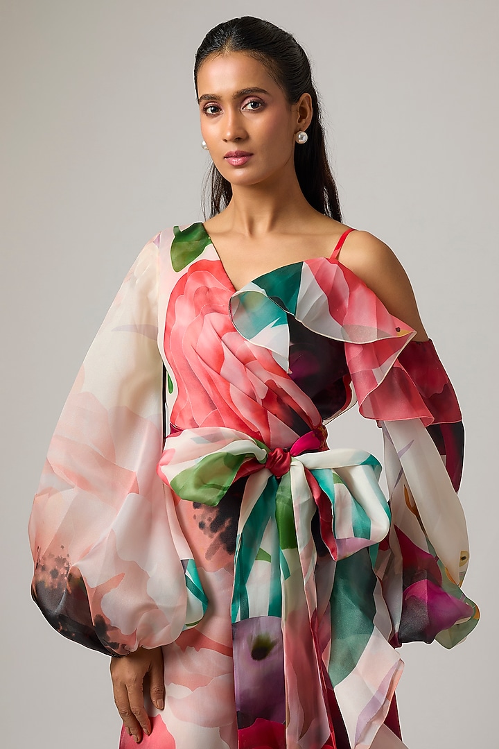 Ivory Organza Wrap Party Wear Dress by Gauri And Nainika at Pernia's Pop Up Shop