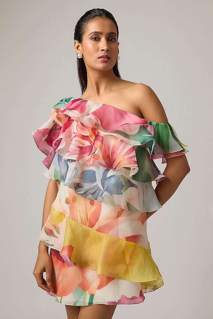 Ivory Organza One-Shoulder Cocktail Dress by Gauri And Nainika at Pernia's Pop Up Shop