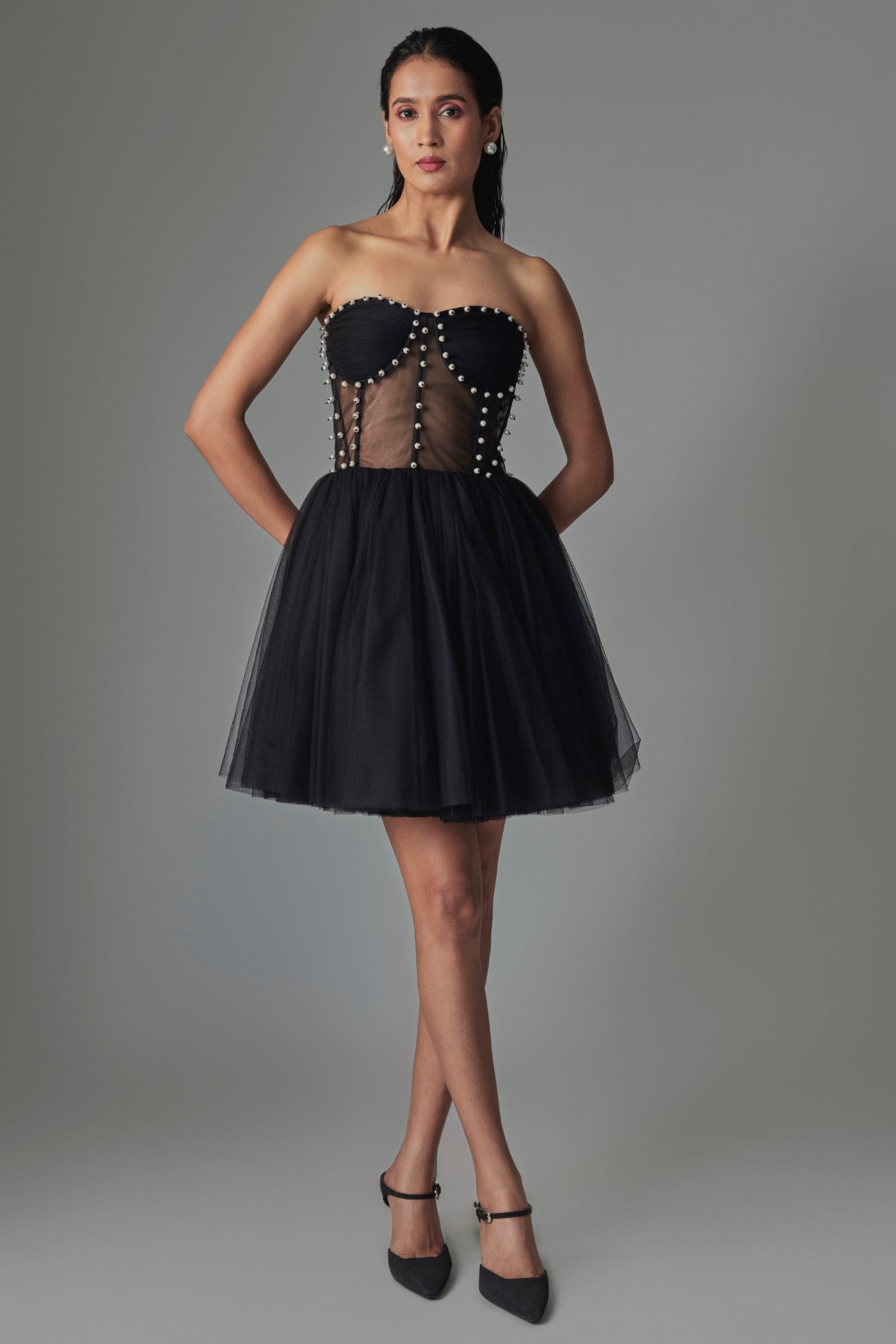 Gauri and Nainika Black Tulle Draped Corset Mini Dress