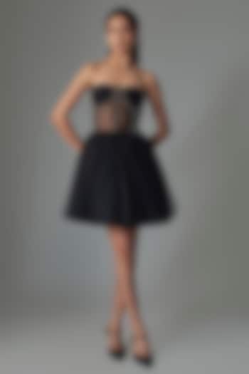 Black Tulle Draped Corset Mini Party Wear Dress by Gauri and Nainika at Pernia's Pop Up Shop