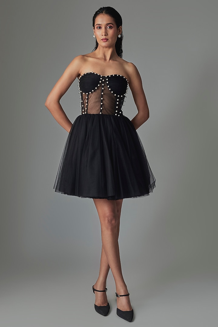Black Tulle Draped Corset Mini Party Wear Dress by Gauri and Nainika at Pernia's Pop Up Shop