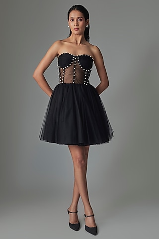 Black Tulle Draped Corset Mini Dress by Gauri and Nainika