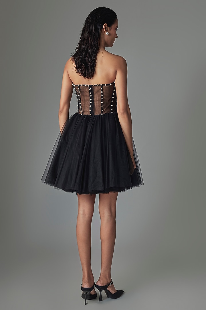 Black Tulle Draped Corset Mini Party Wear Dress by Gauri and Nainika at Pernia's Pop Up Shop