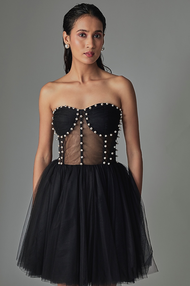 Black Tulle Draped Corset Mini Party Wear Dress by Gauri and Nainika at Pernia's Pop Up Shop